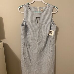 Anne Klein size 12 knee length sheath dress striped blue and white with pockets